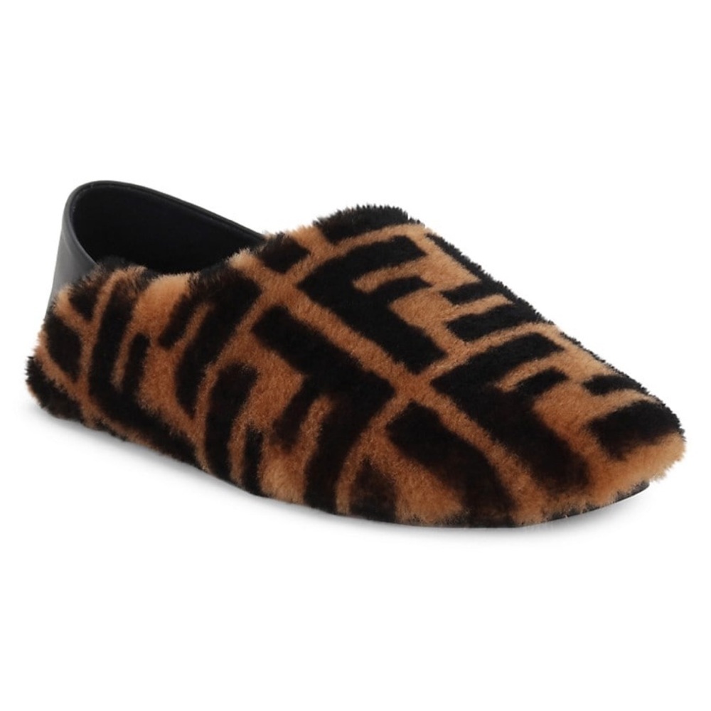 Fendi FF Shearling Fur Slippers Shoes in Brown NIB - Picture 4 of 11